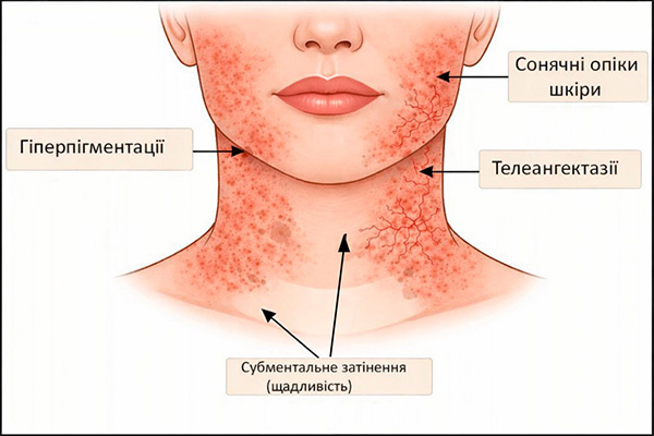 Клинические признаки пойкилодермии (схематически)